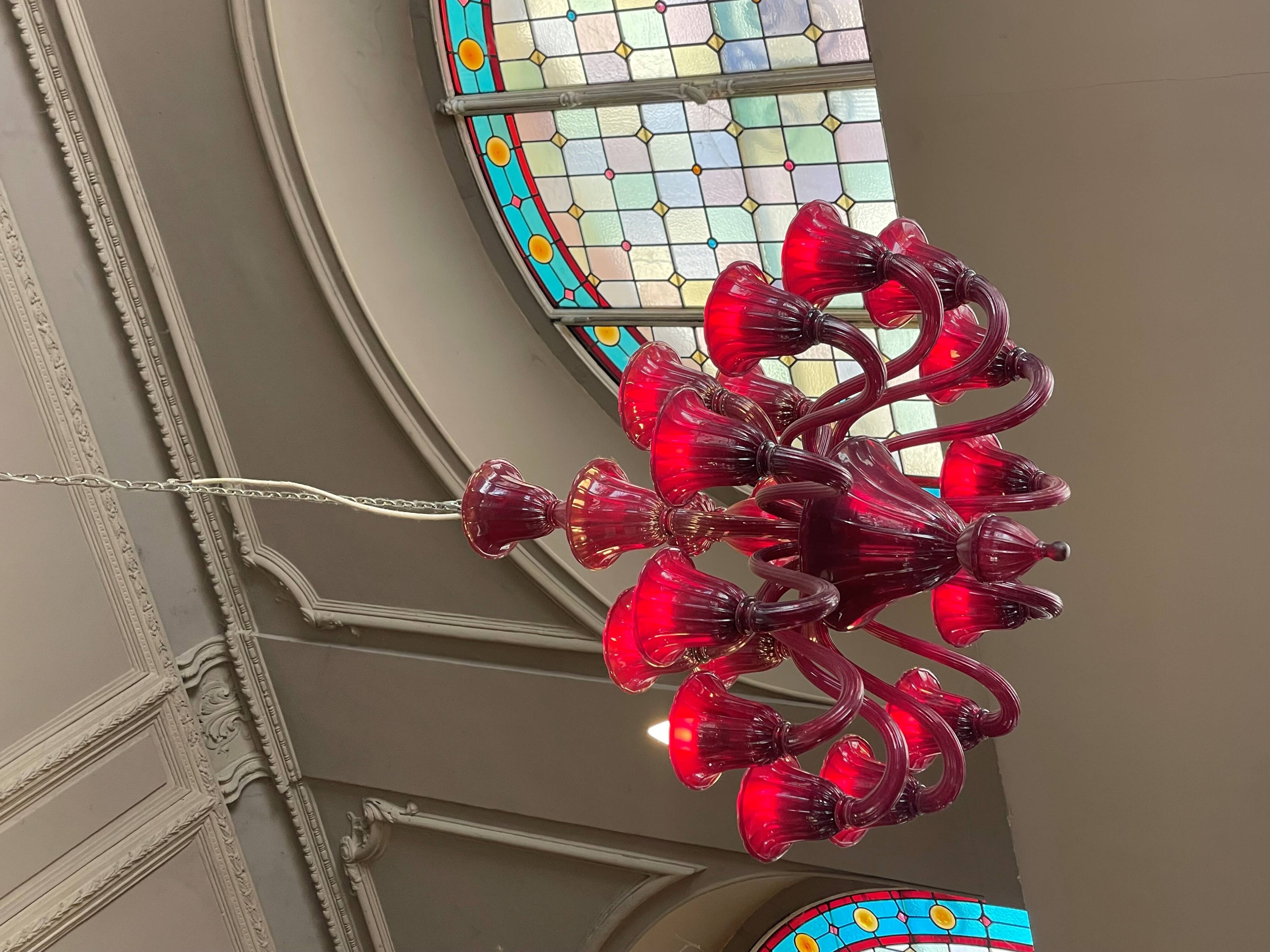 16-light red Murano glass chandeliers