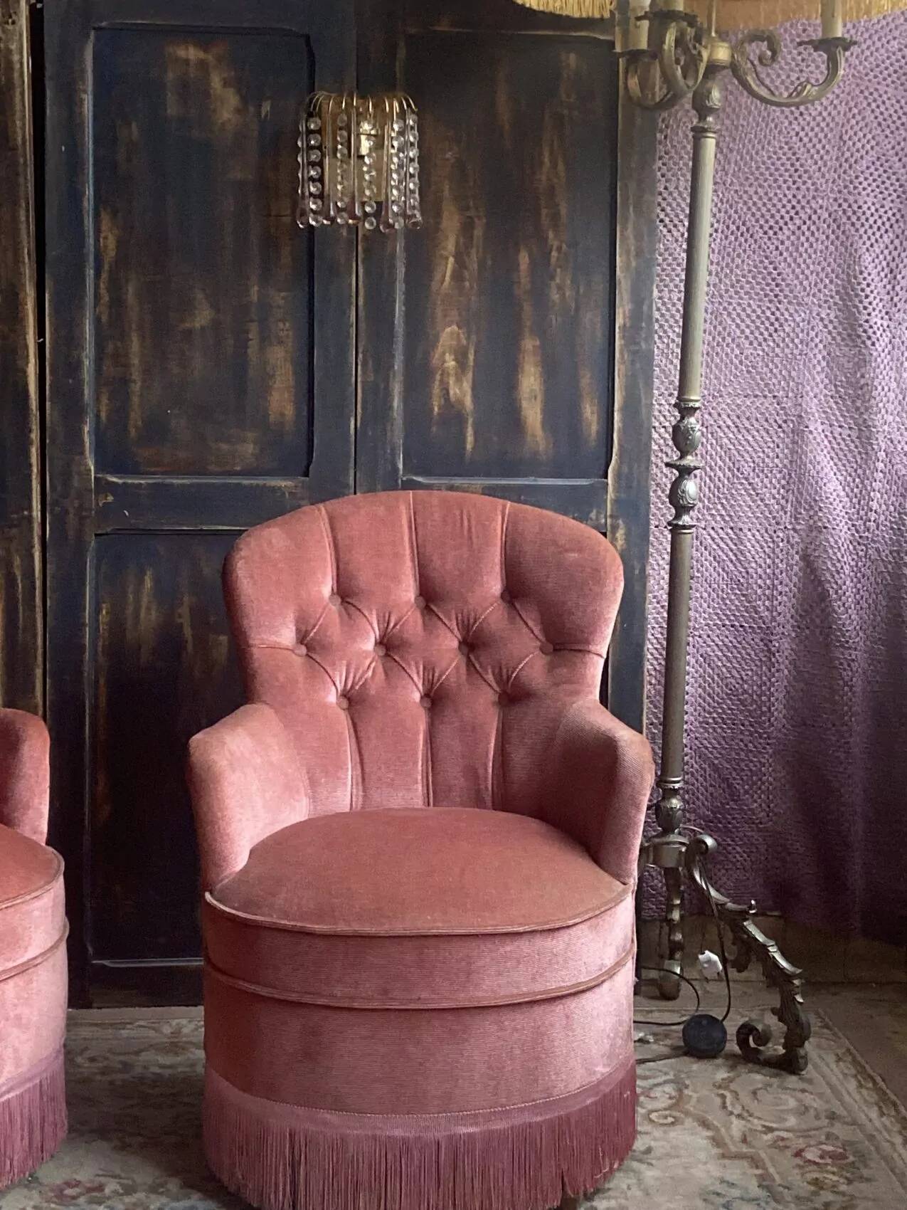 Pair of small vintage upholstered toadstool armchairs in old rose velvet – 1960s
