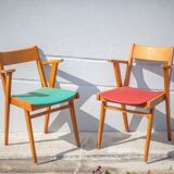 Pair of wooden and skai chairs from the 50s, vintage chairs, chair with armrests, retro