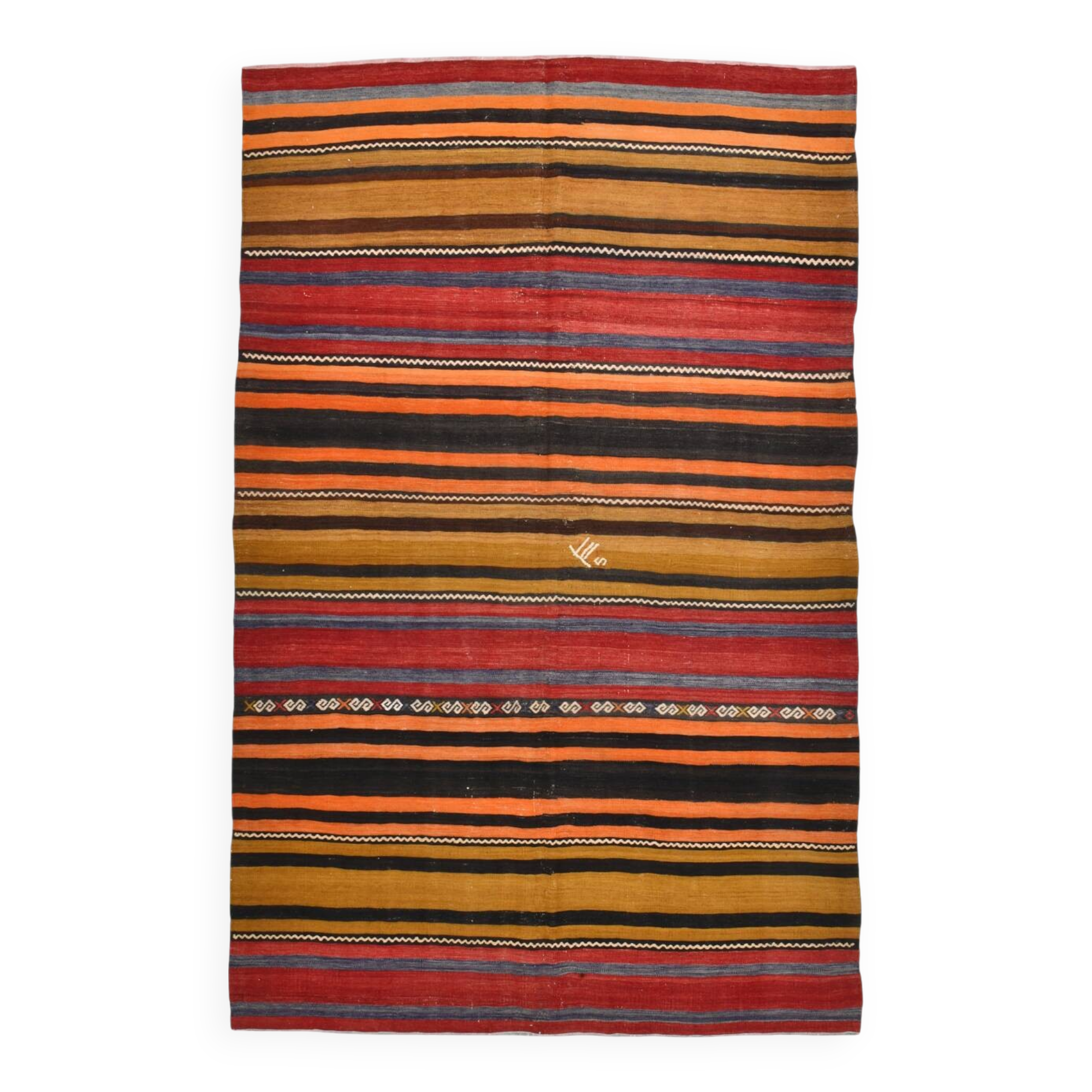 6x9 Green Orange Striped Turkish Vintage Kilim Rug 174x272Cm SK 2311
