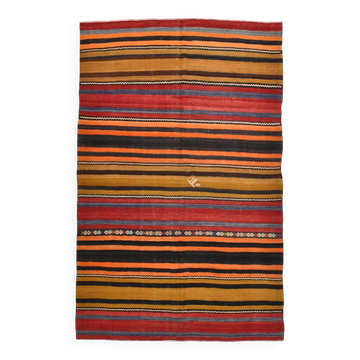 6x9 Green Orange Striped Turkish Vintage Kilim Rug 174x272Cm SK 2311
