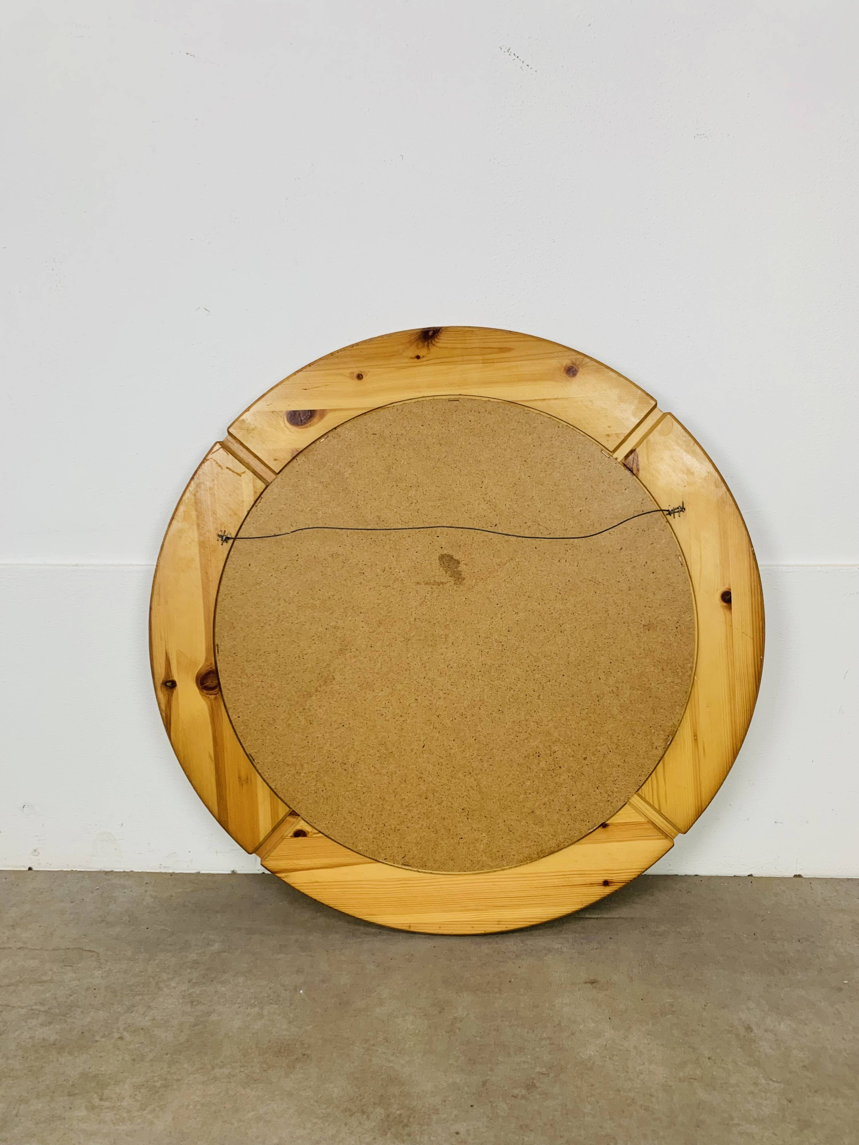 Scandinavian round solid pine mirror by Glasmäster Markaryd, Sweden, 70's