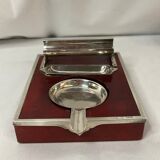 2211869 Vintage, necessary smoker ashtray silver metal red wood circa 1940