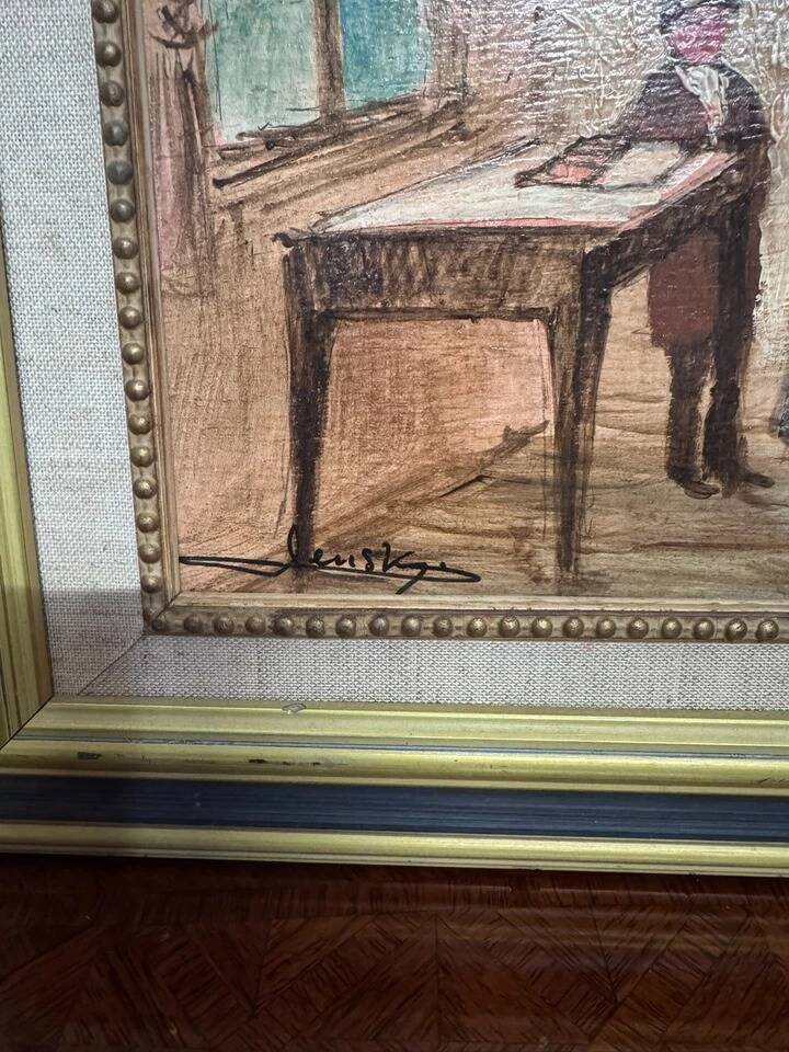 Interior scene – Oil on panel signed Lensky – 20th century
