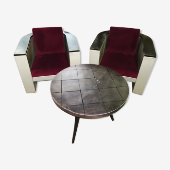 Lot de 2 fauteuils club vintage et table