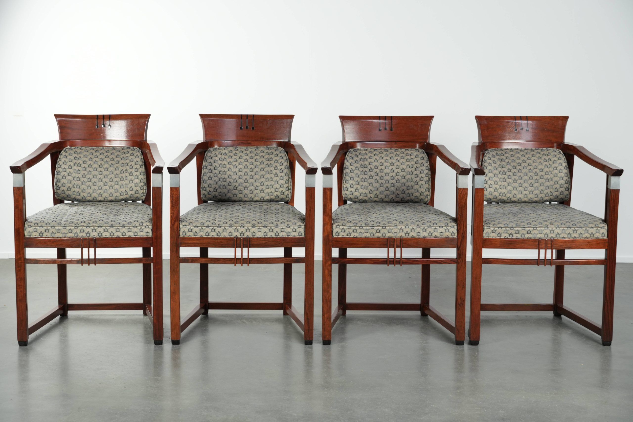 In very good condition Art Deco design dining chairs with fabric upholstery