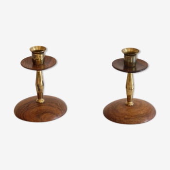 Pair of vintage Scandinavian candle holders in rosewood and brass 1960