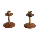 Paire de bougeoirs vintage scandinave en palissandre et laiton 1960