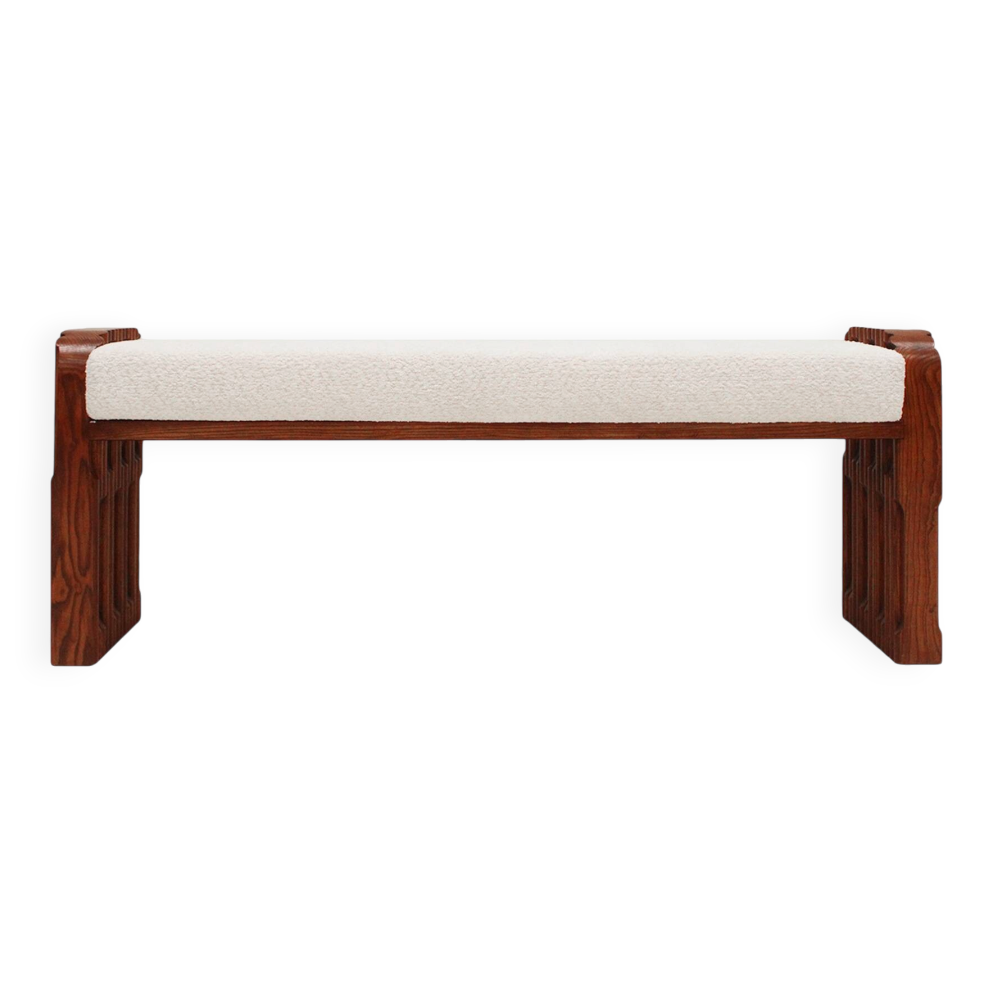 Brutalist Style Sculptural Oak Supports and Ivory Bouclé Upholstery Bench,