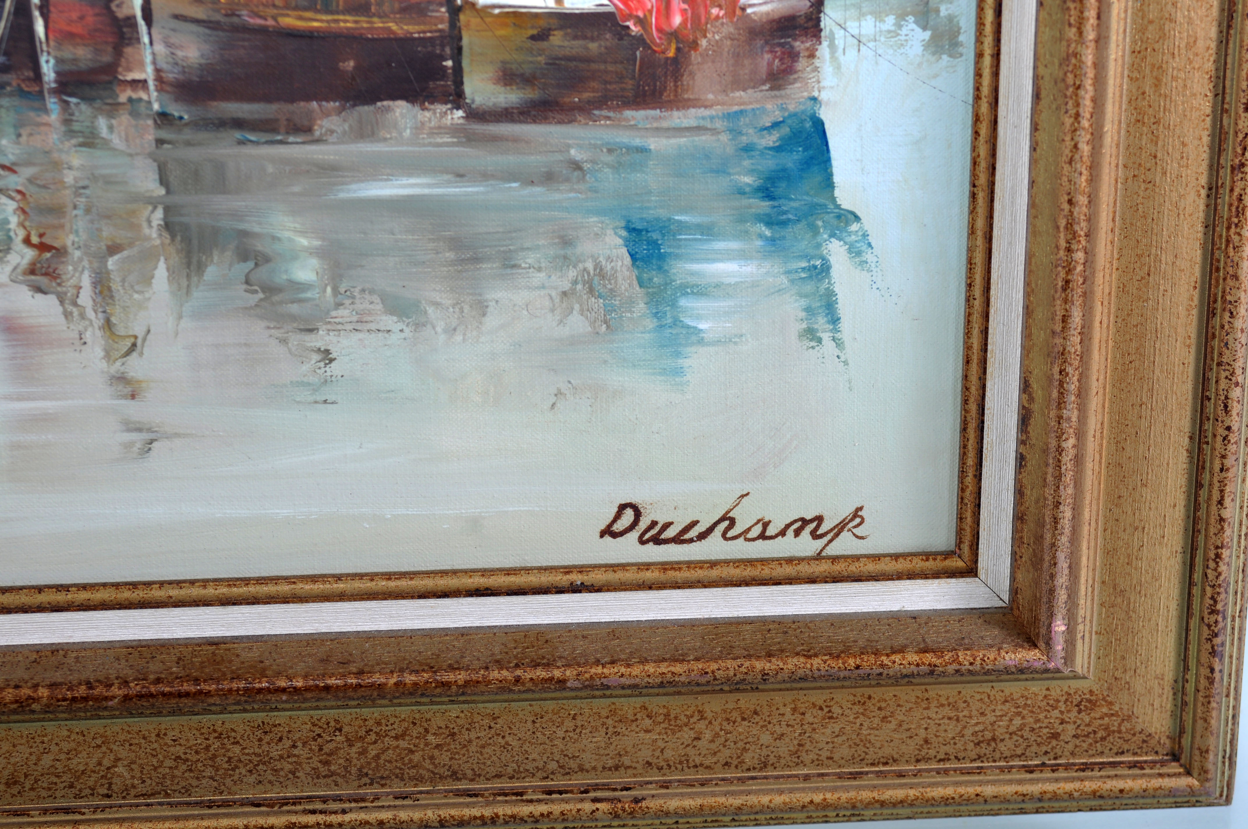 Marine painting, fishing boat in port