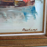 Marine painting, fishing boat in port