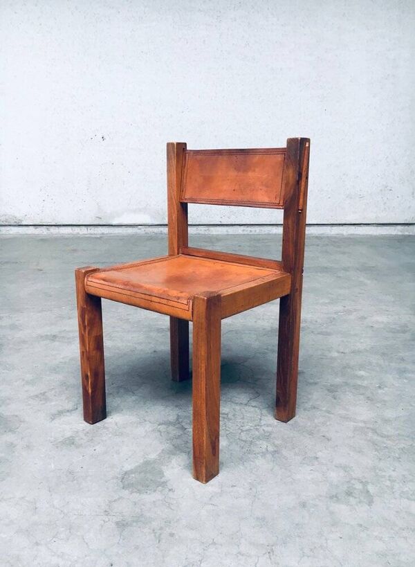 Elm & Cognac Leather Dining Room Chairs Set in the style of Pierre Chapo, Italy, 1960s, Set of 4