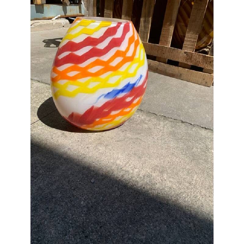 Contemporary abstract vase in milky white murano glass attributed with colored reeds