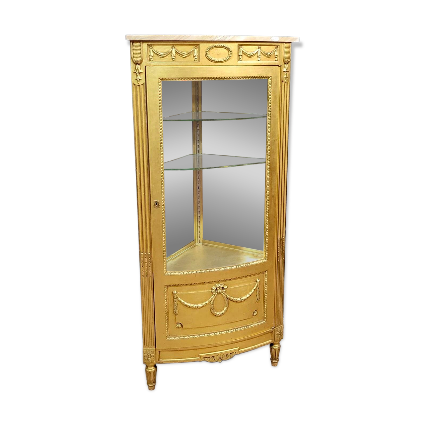Louis XVI style corner bookcase display case in gilded wood circa 1880-1900