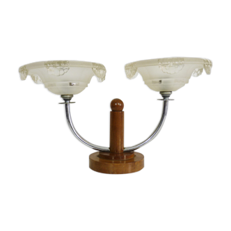Lampe de table art déco en bois à 2 bras globes en verre