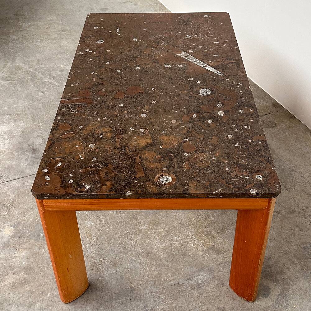 1970s modernist fossil marble coffee table with wooden base