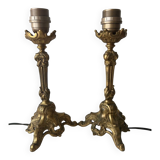 Pair of openwork gilded bronze tripod lamps