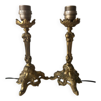 Pair of openwork gilded bronze tripod lamps