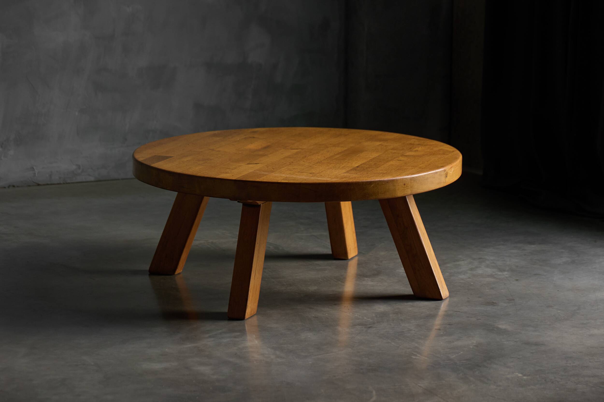Brutalist Round Coffee Table in Solid Wood, France, 1960s