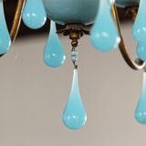 Lustre 5 feux en laiton et opaline bleue, années 50