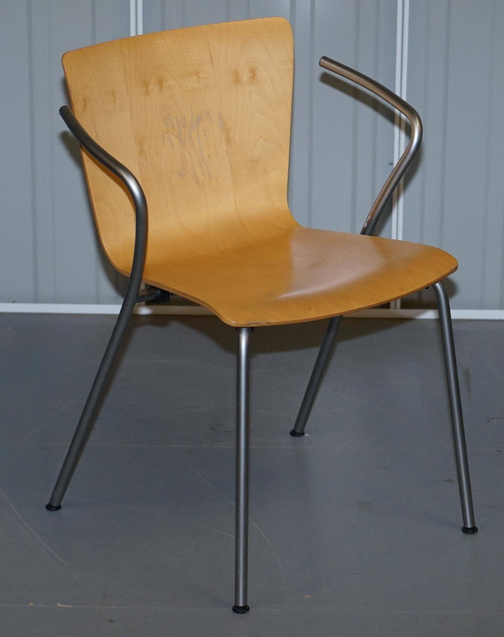 Six vintage stackable armchairs by Fritz Hansen, Vico Magistretti, in bent wood.