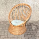 Vintage basket armchair in woven rattan - round seat Design 1960-1970