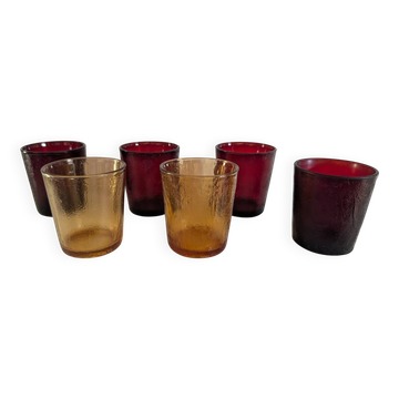 6 verres vintage Lever France ambre et rubis années 70