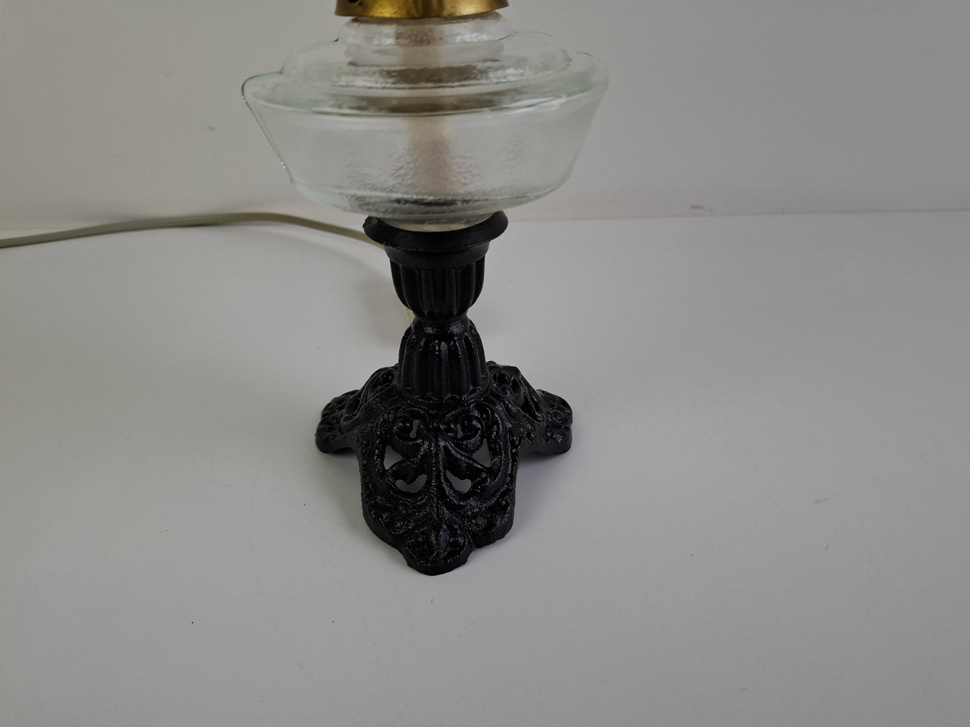 1960s Czechoslovakian milk glass oil lamp style table lamp with red windmill