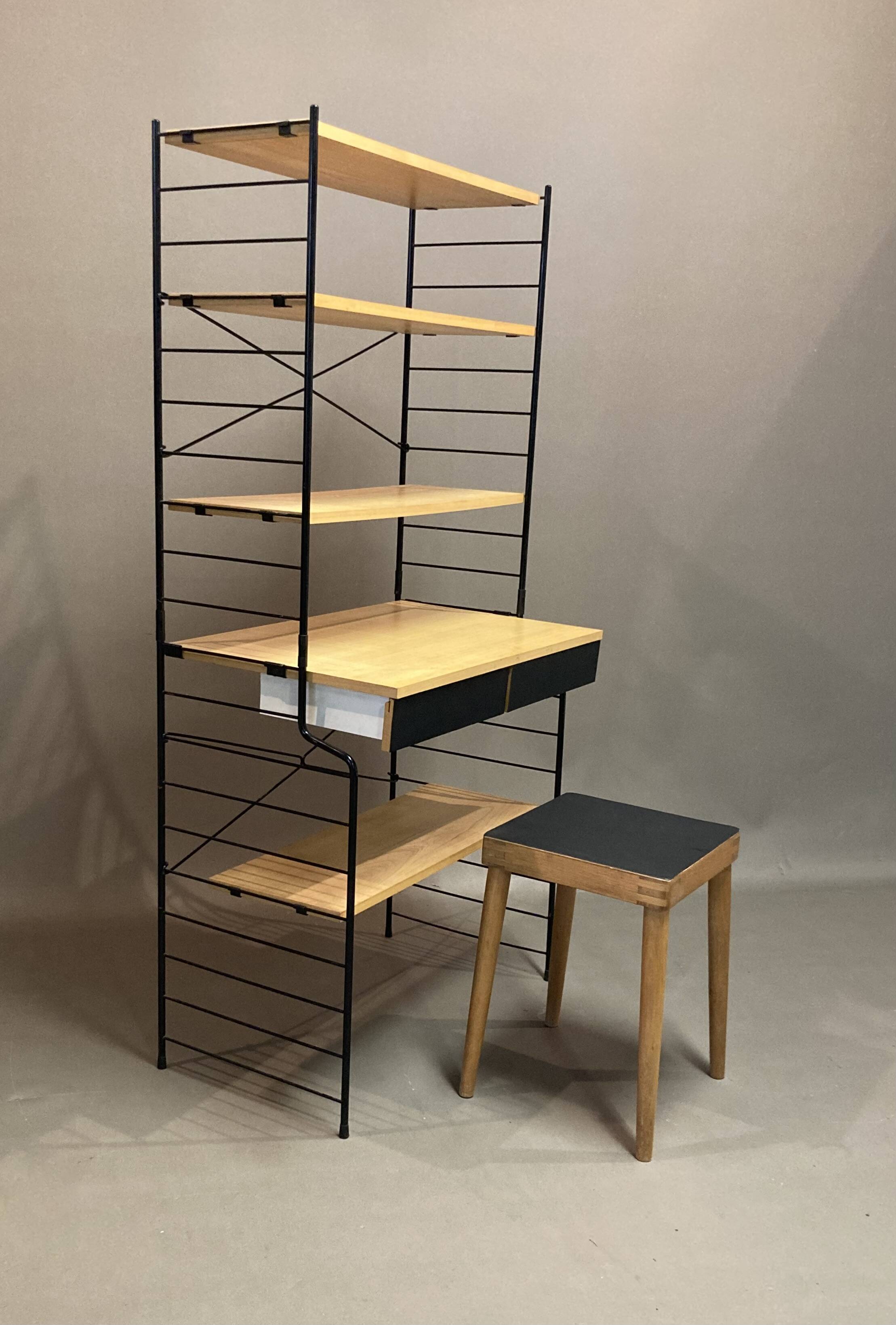 Modular bookcase and stool in black metal and beech, 1960