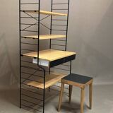 Modular bookcase and stool in black metal and beech, 1960