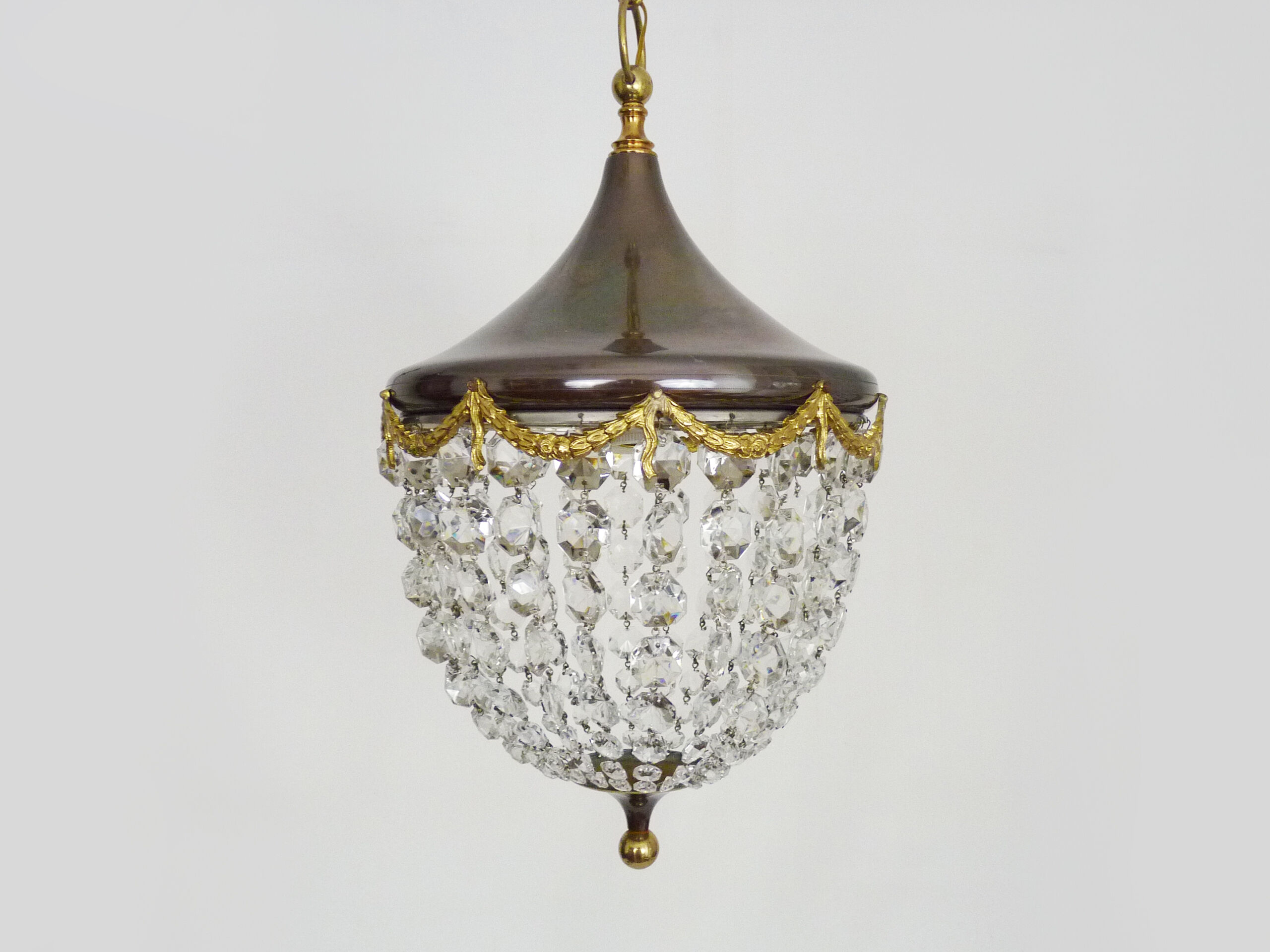Lustre En Cristal Et Bronze Corbeille à Pampilles