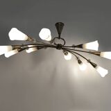 Modernist chandelier with 10 brass branches and white glass tubes, 1970s