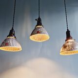 Set of 3 industrial mercury glass pendant lights, GAL (France), 1930s