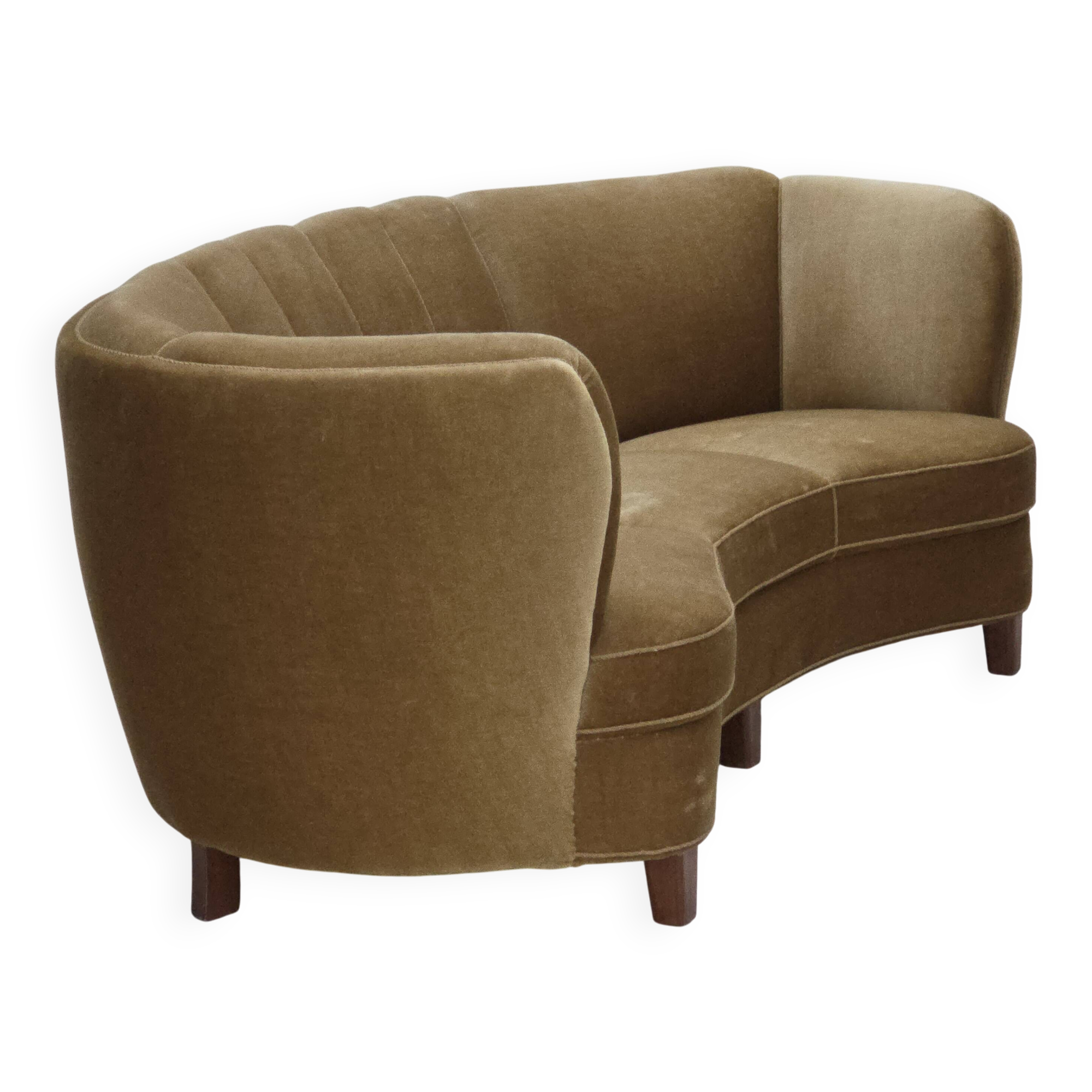 1960s, 3-seater Danish "Banan" sofa, original olive/green furniture velour.