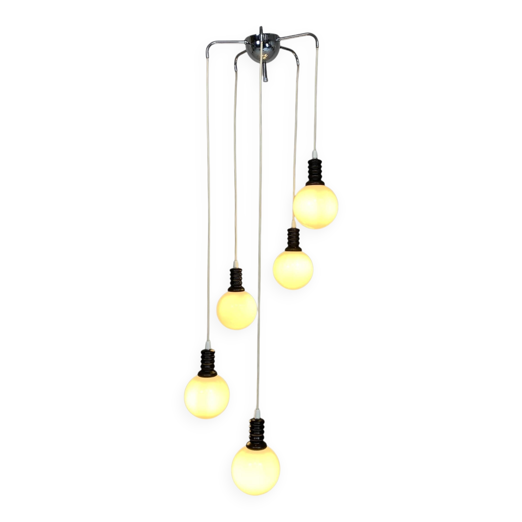 Lampe suspendue Cascade avec 5 boules en verre blanc, années 70