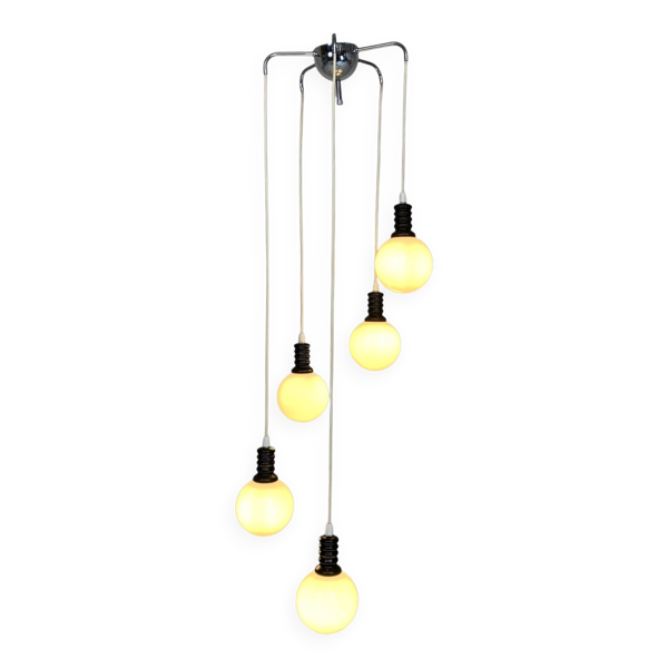 Lampe suspendue Cascade avec 5 boules en verre blanc, années 70