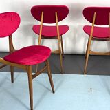 Set of four red velvet and wood dining chairs, Italy 1950