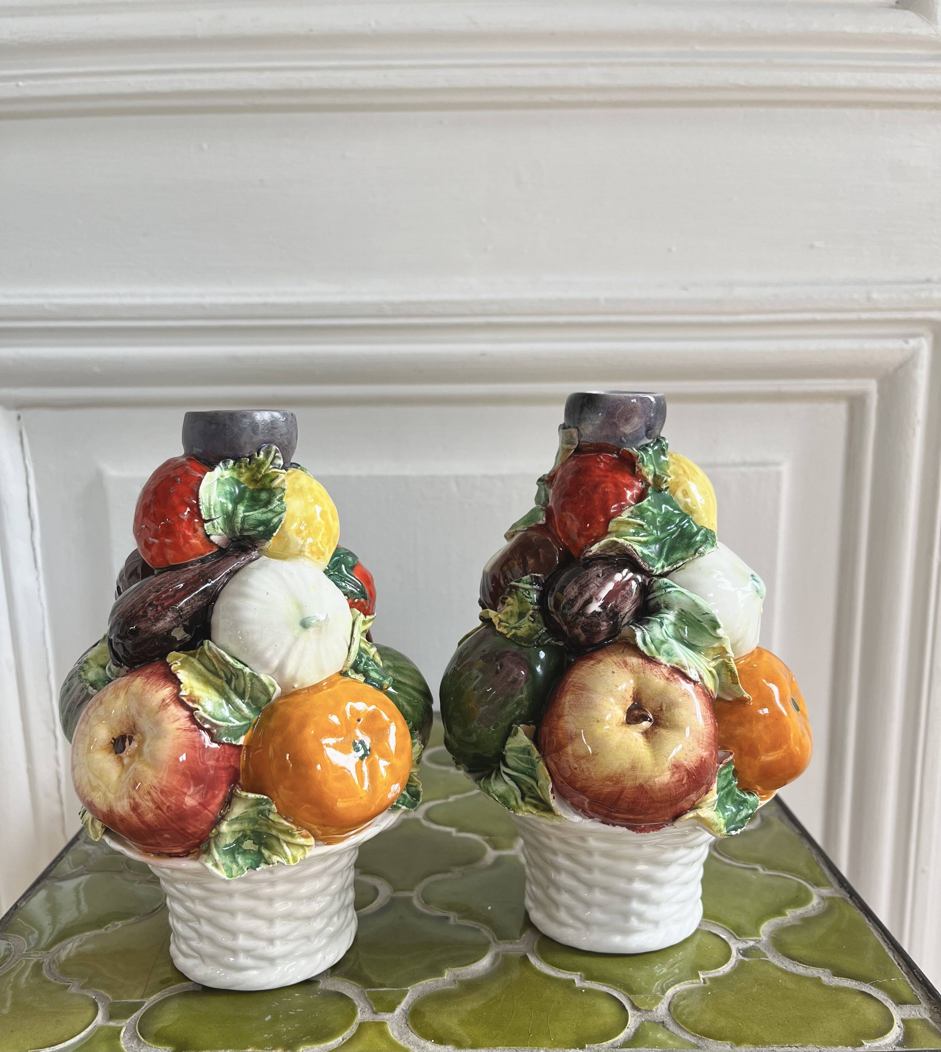 Pair of slip candle holders fruit/vegetable basket