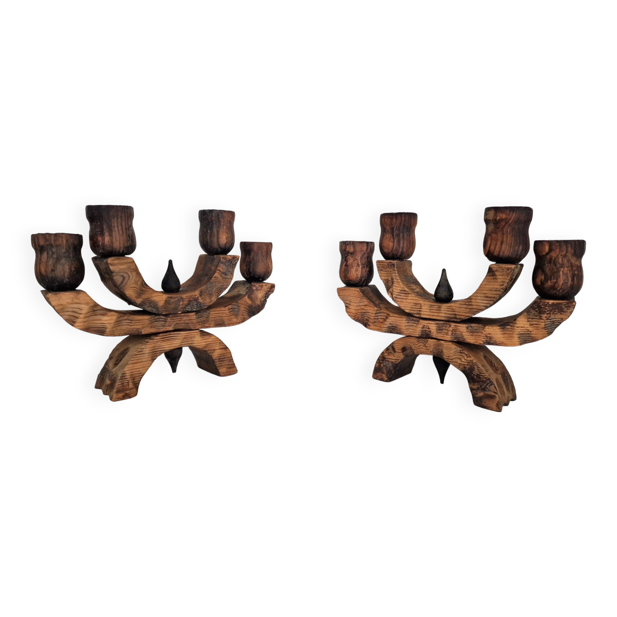 Pair of Brutalist Wooden Candle Holders