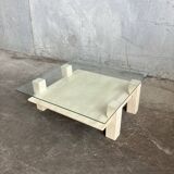 Table basse sculpturale travertin et verre, vintage 1980s