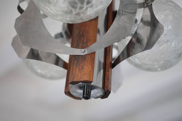 Suspension space age métal et bois, lustre 3 globes, lustre sputnik, lampe