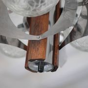 Space Age metal and wood pendant light, 3-globe chandelier, Sputnik chandelier, lamp