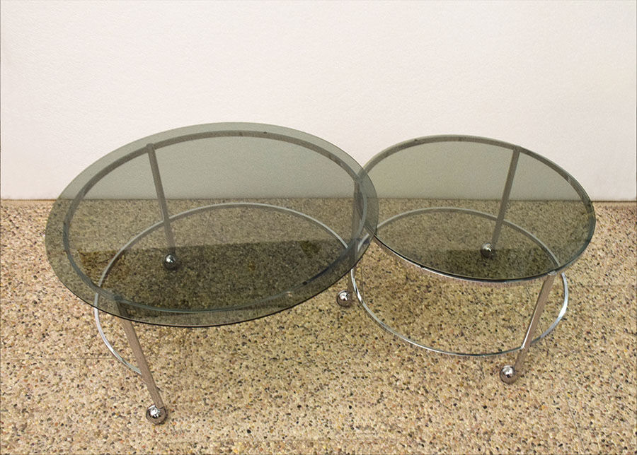 Two-tier swivel coffee table in chromed steel and crystal, 1970s