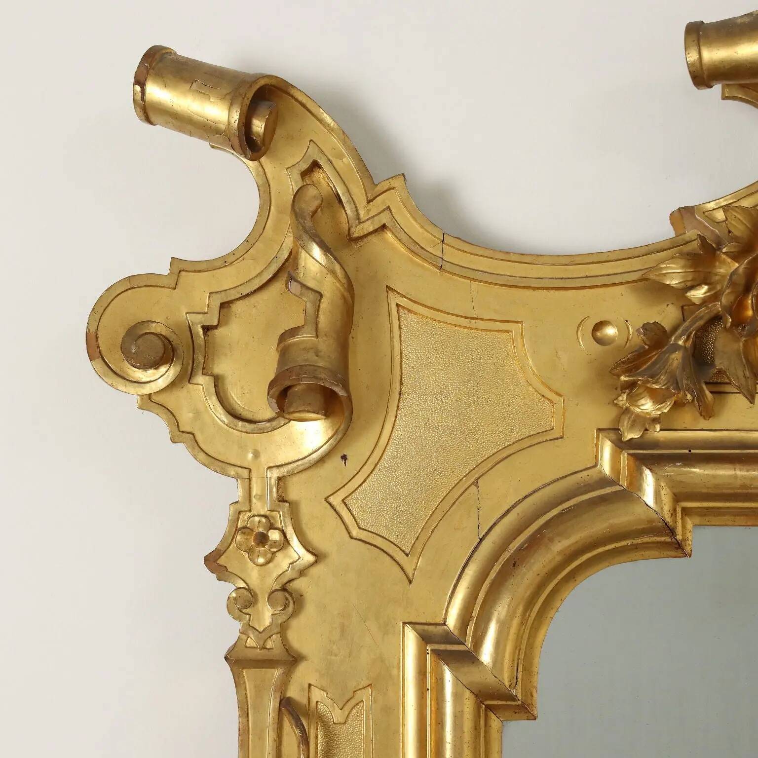 Large antique umber pine mirror from Switzerland, Italy, 19th century.