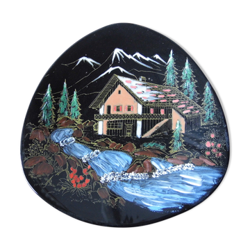 "haute montagne" décor plate in earthenware Longwy enamels, 60s/70s vintage