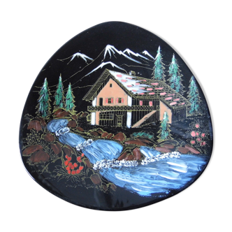 "haute montagne" décor plate in earthenware Longwy enamels, 60s/70s vintage