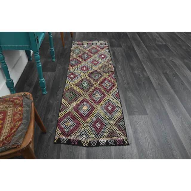 1970s Vintage Turkish Oushak Handmade Wool Cotton Purple Runner Rug 62x206