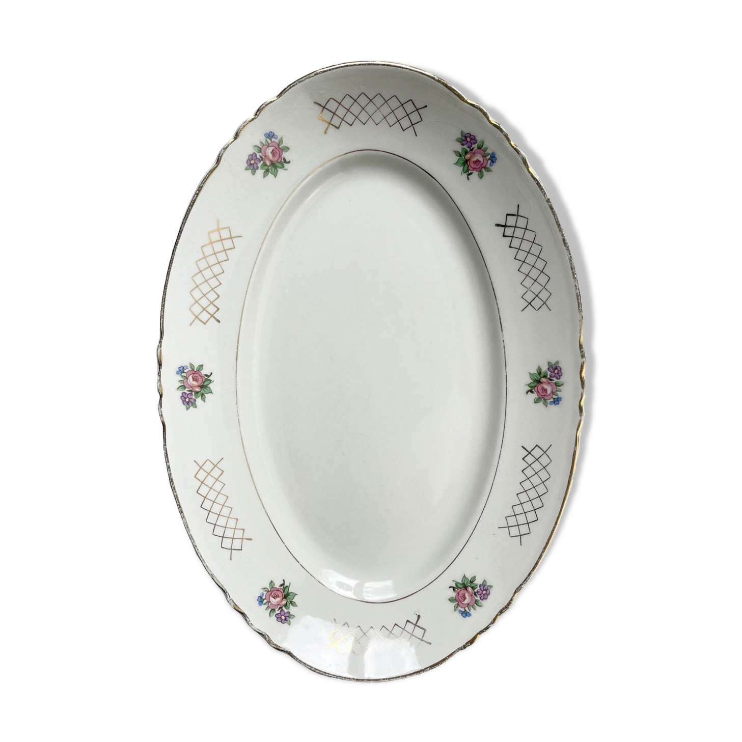 Plat oval vintage en faïence fleurie moulin des loups modèle "cordoue"
