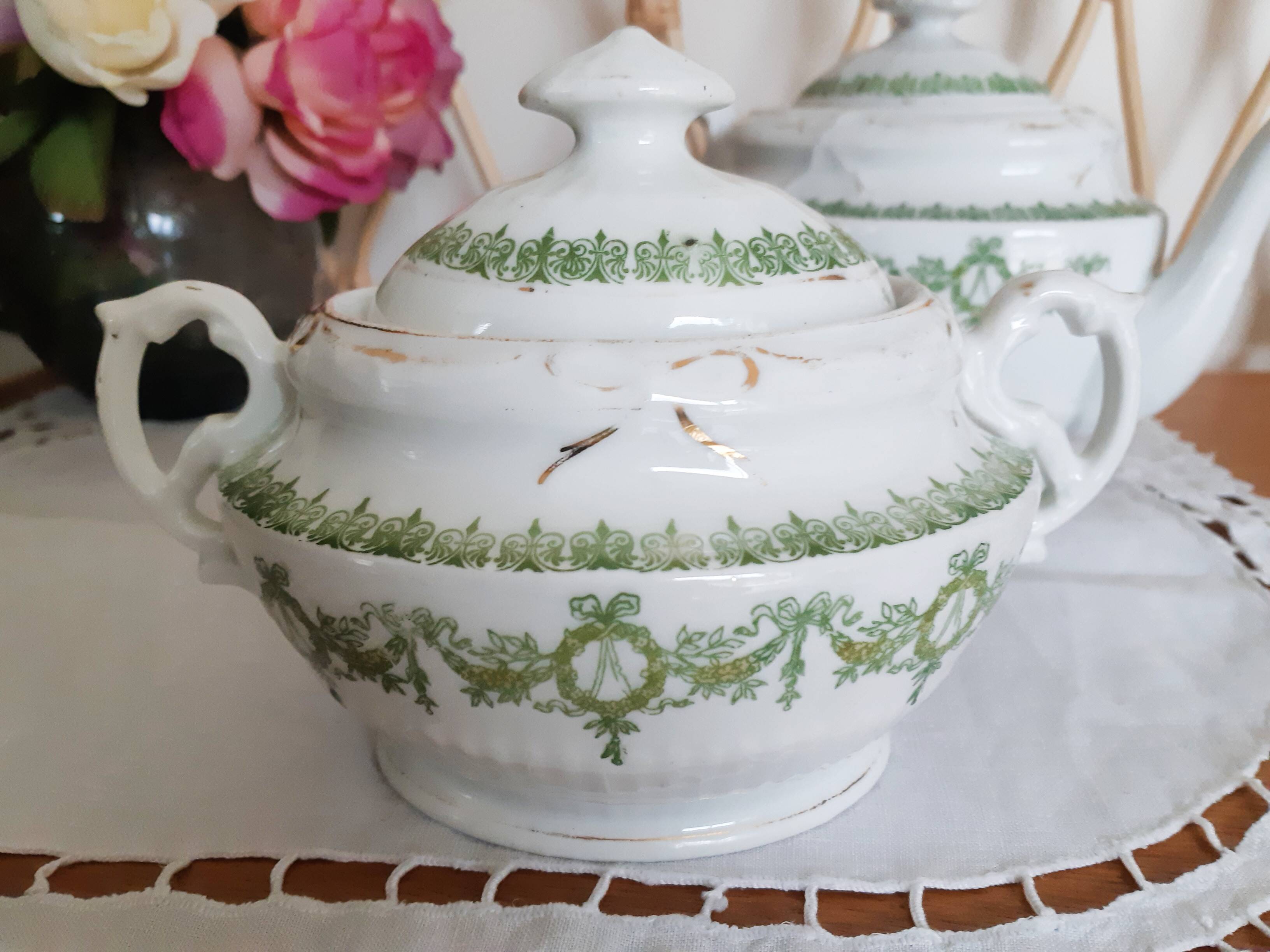 English porcelain tea set, green and gold, antique