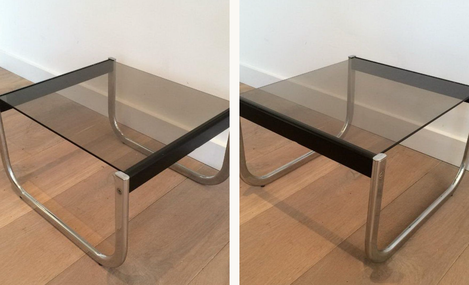 Pair of sofa ends in chrome, blackened wood and glass